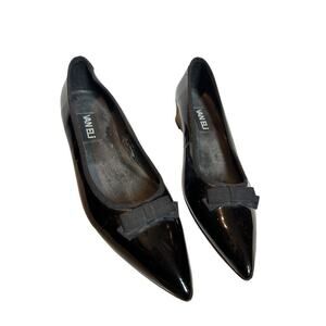 Vaneli Size 8 Black Patent Leather Slip On Pointed Toe Wedge Bow Flats Work